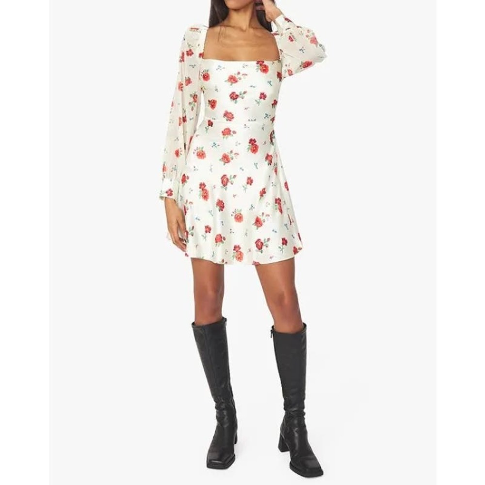 WeWoreWhat Puff Sleeve Cowl Mini Dress Women's 4 Cream Floral Long Sleeve